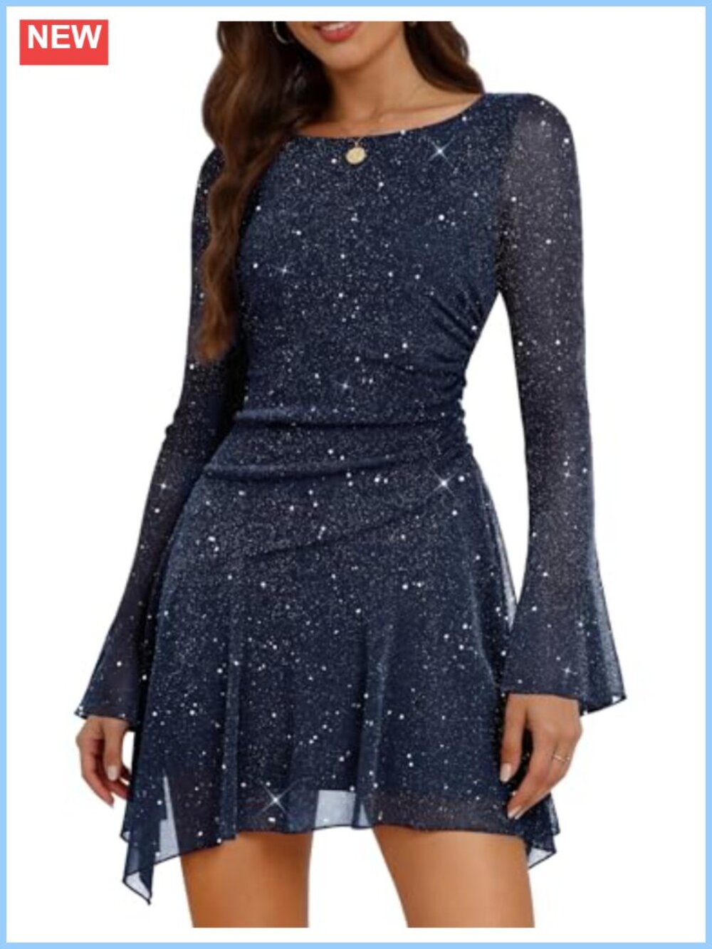 Sparkly Homecoming Dress Short Bell Sleeve Ruched Mini Party Formal